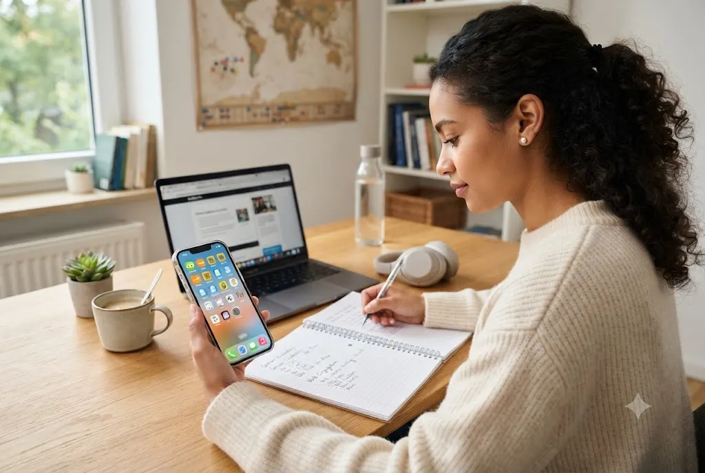 Student comparing the best language learning apps 2026 on a smartphone and laptop