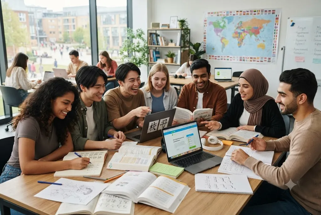 Students studying the best languages to learn in a modern classroom.