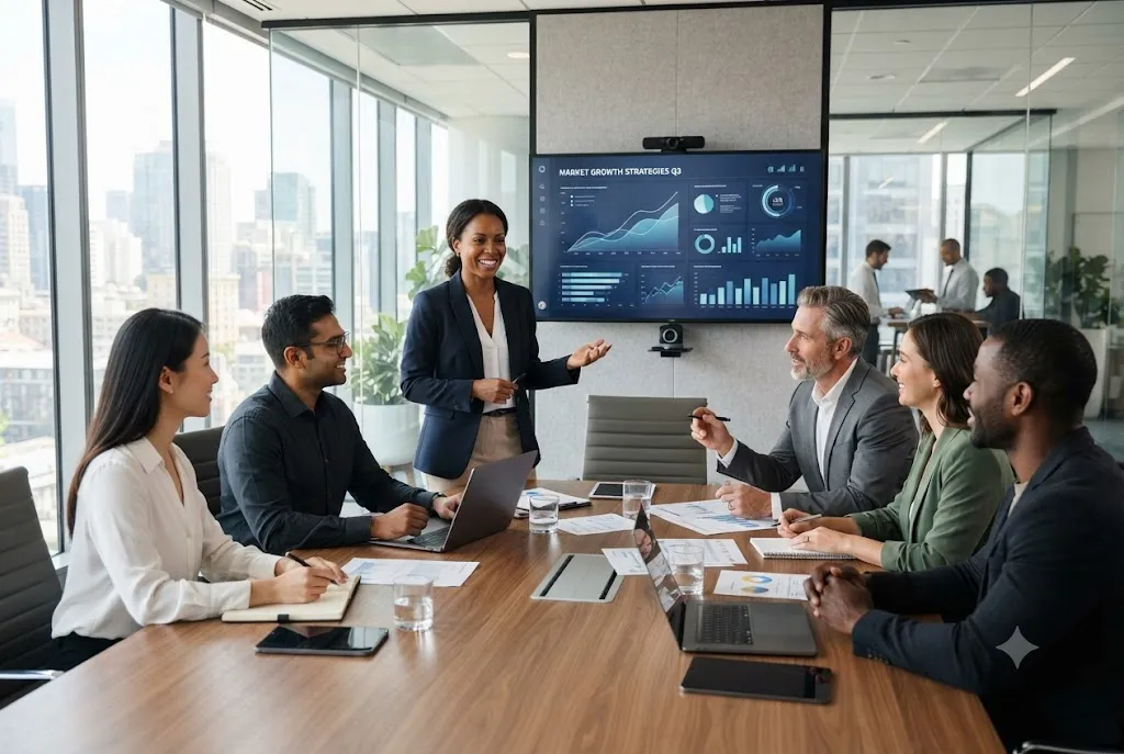 Business professionals collaborating on business development career opportunities in a modern office