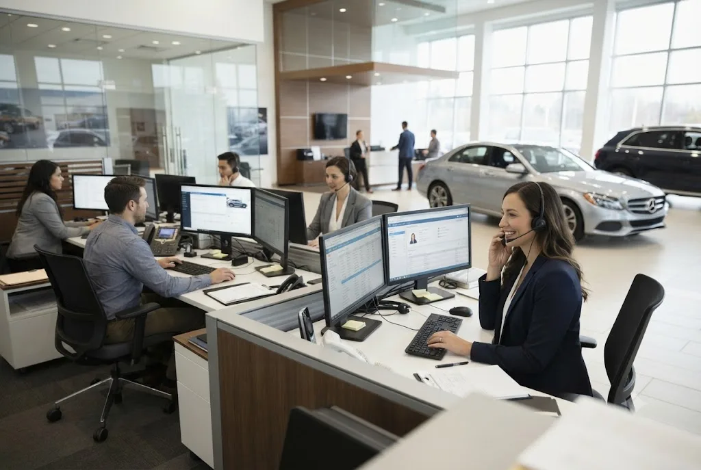Business development center car dealership representatives managing customer leads and appointments