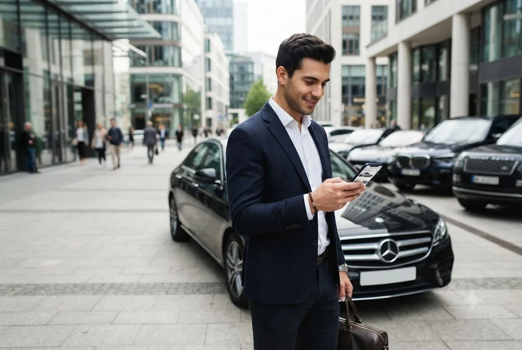 Professional using a smartphone for car rental app development platform booking