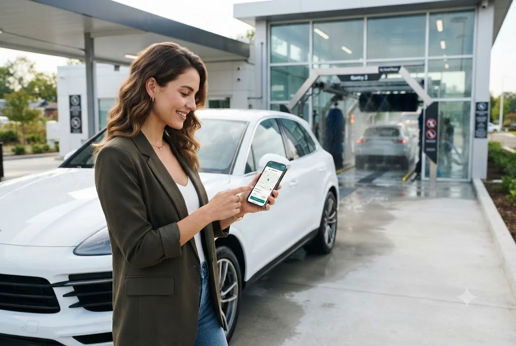 Customer using a smartphone for car wash app development booking platform