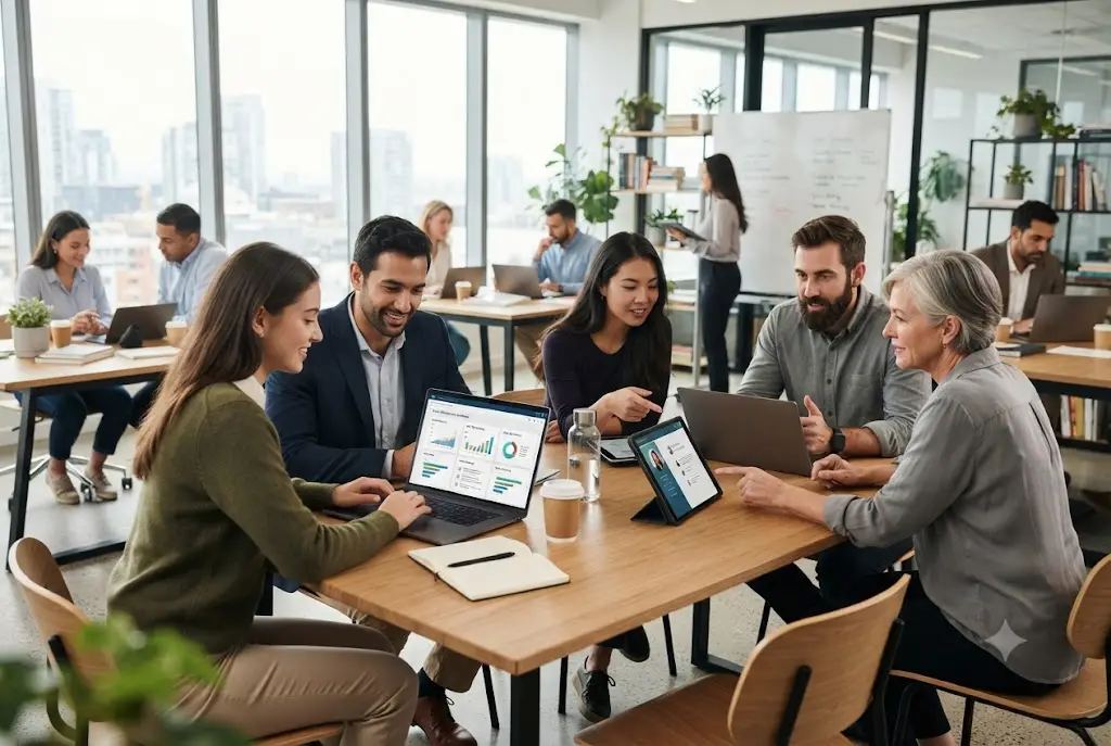 Professionals and students using career development software to build skills and plan career growth