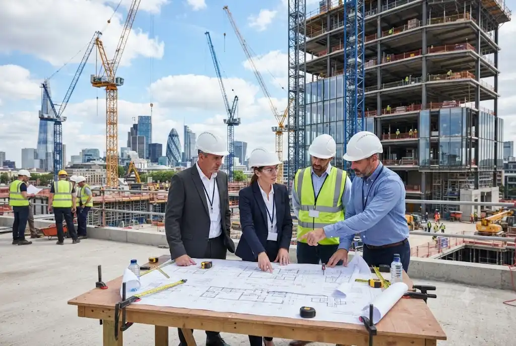 Professionals planning a commercial real estate development career at a construction site