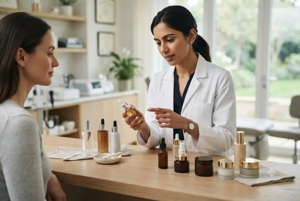 Dermatologist developed skin care products displayed in a modern skincare clinic