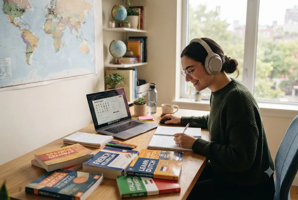 English-speaking student learning the easiest languages to learn for English speakers using books and online resources.