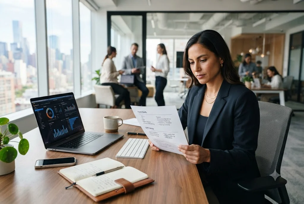 Professional workspace illustrating examples of soft and hard skills for resume and career success