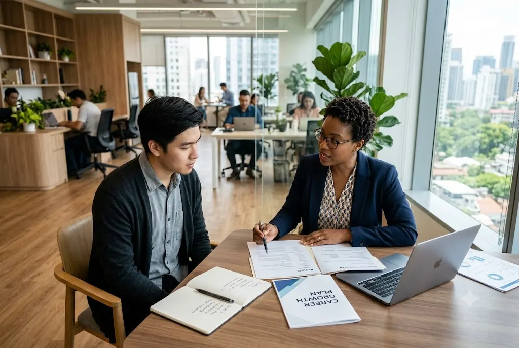 Professional receiving free career coaching during a career planning session