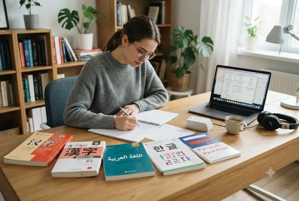 English-speaking student studying the hardest languages to learn for English speakers with multilingual textbooks and online resources.