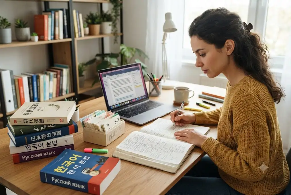 Student studying the hardest languages to learn using multilingual textbooks and digital resources.