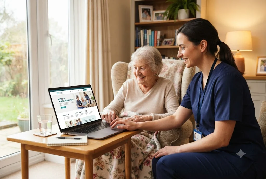 Healthcare professional demonstrating home care website development on a responsive website