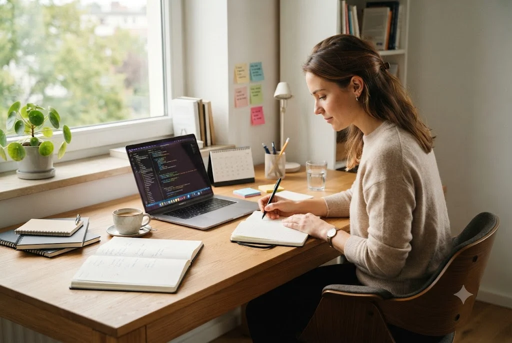 Student following practical habits on how to become more productive while studying in an organized workspace.