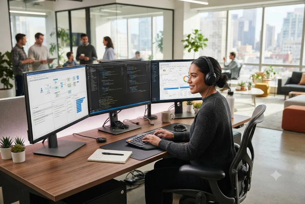Professional software developer demonstrating is software development a good career in a modern technology workspace.