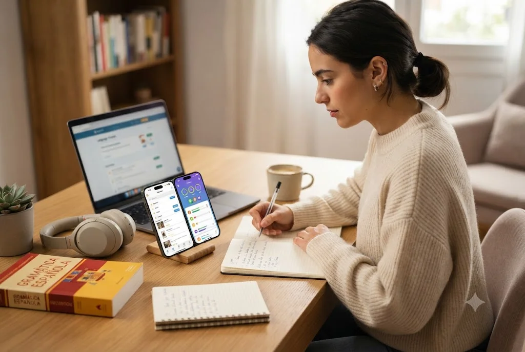 Student comparing Memrise vs Duolingo on a smartphone while studying languages