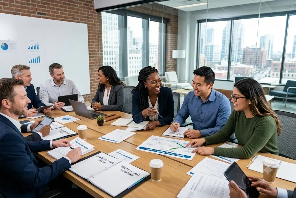 Professionals improving professional development skills through workplace training and career growth programs