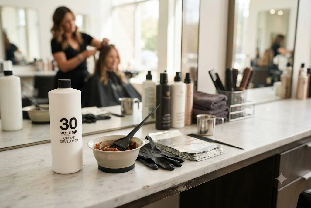 Salon Care 30 Volume Creme Developer with professional hair coloring tools
