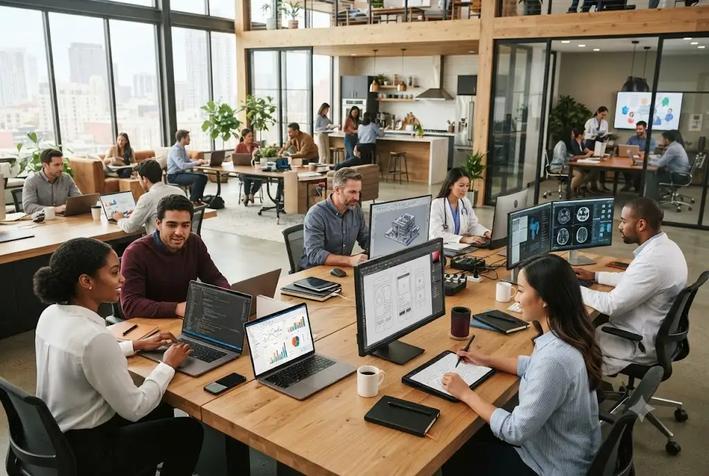 Professionals developing a technical skills list through modern digital technologies and workplace tools.