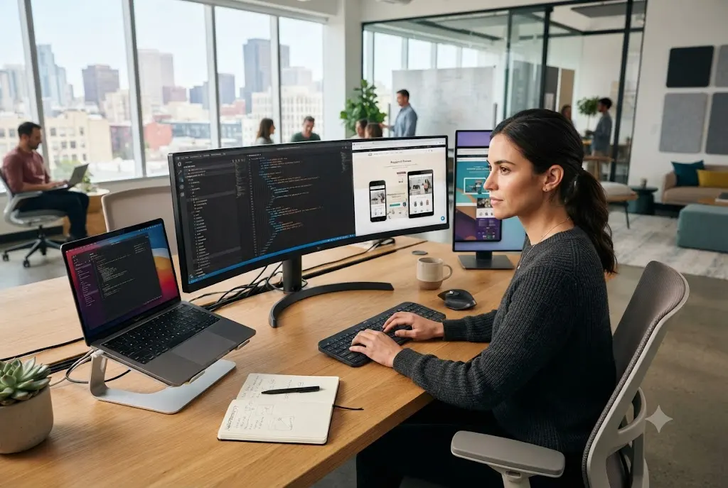 Professional following a web developer career path while building responsive websites using modern development tools.