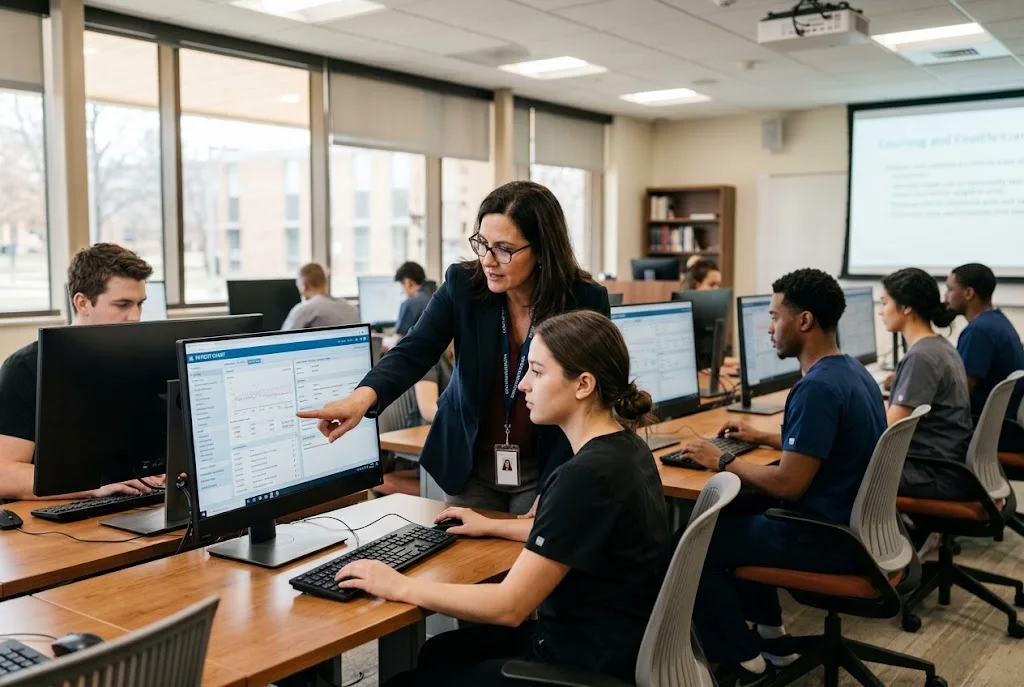 Healthcare education students using an educational EHR during digital simulation training