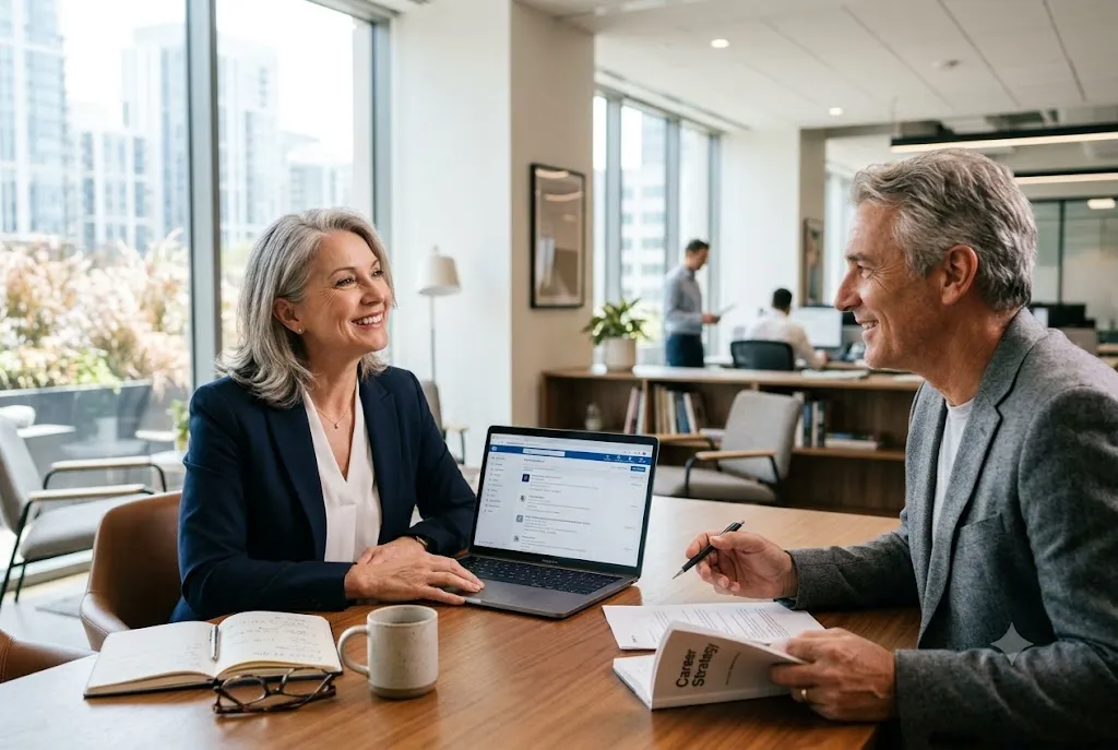 Professional exploring changing careers after 50 with career coaching and skill development.