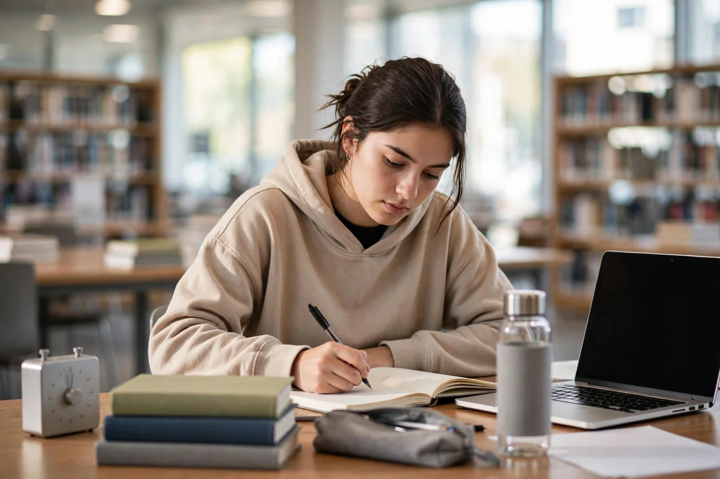 Candidate practising ielts academic writing task 2 topics with timed essay writing in a library